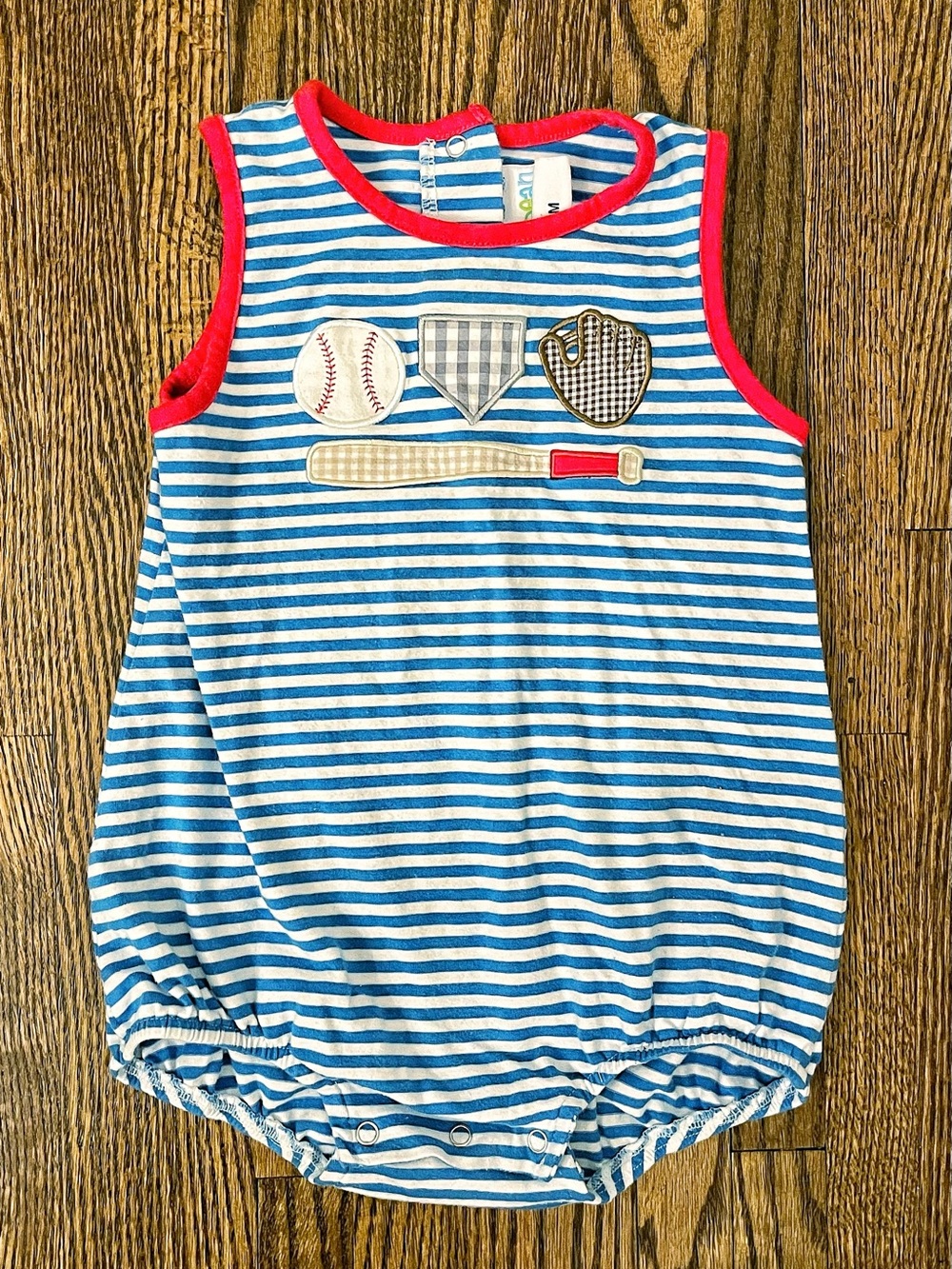 Jellybean Blue & White Striped Baseball Appliqué Romper with Red Trim